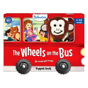  Skillmatics Puppet Book The Wheels on the Bus at Go Littles Stores product image 1. Puppet book packaging for 'The Wheels on the Bus' with a red bus design and character illustrations.