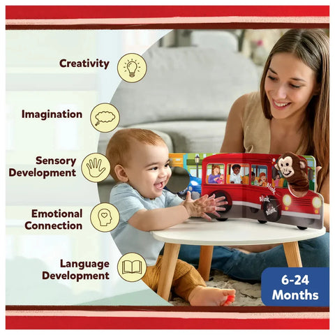  Skillmatics Puppet Book The Wheels on the Bus at Go Littles Stores product image 3. Child playing with a toy bus while sitting on a chair, with a woman beside them, highlighting educational benefits.