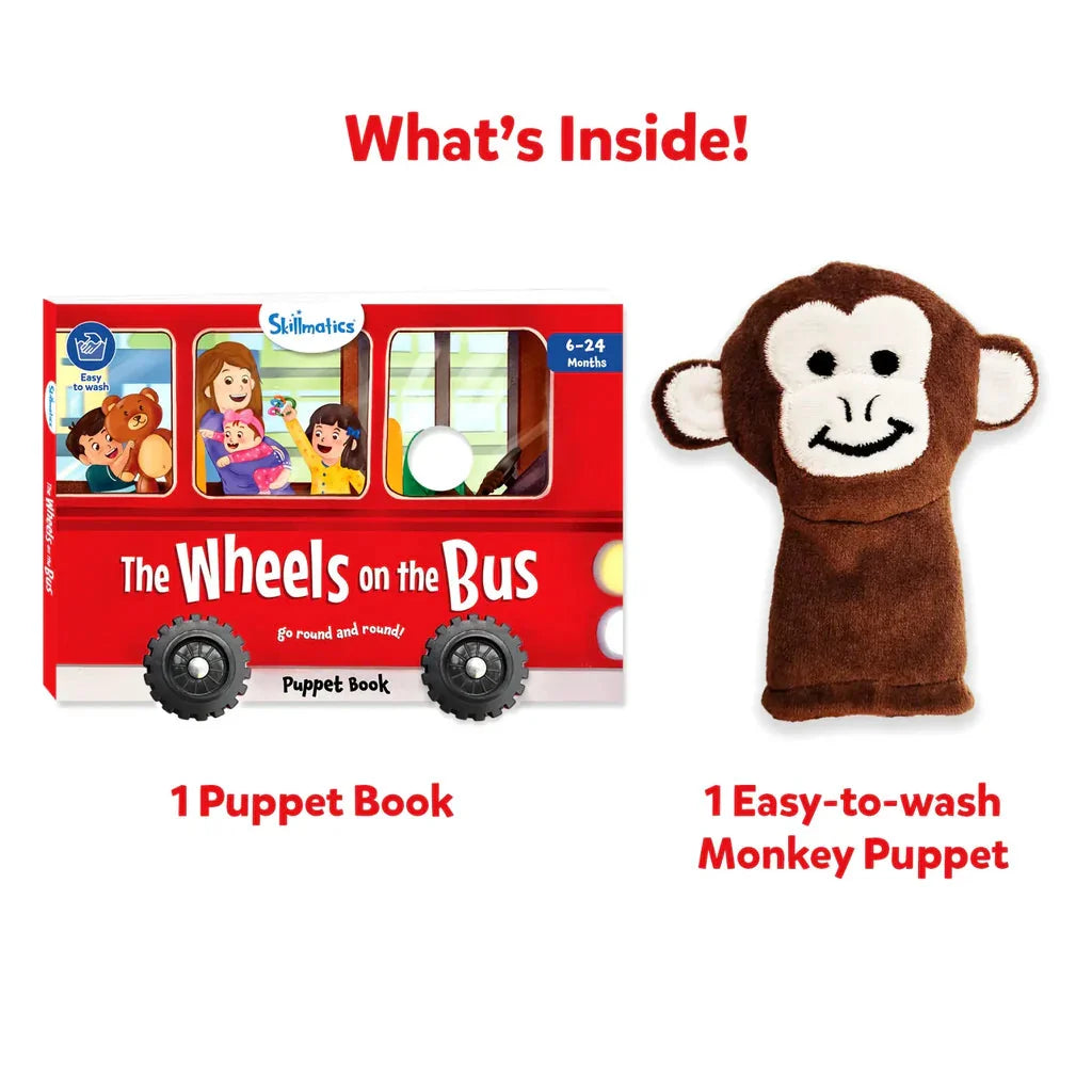  Skillmatics Puppet Book The Wheels on the Bus at Go Littles Stores product image 4. Puppet book and monkey puppet set with 'The Wheels on the Bus' title.