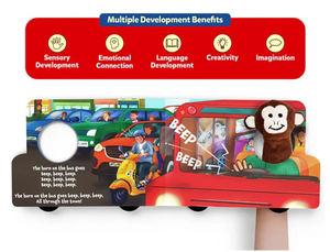  Skillmatics Puppet Book The Wheels on the Bus at Go Littles Stores product image 6. Educational toy with a red bus design, monkey character, and text about development benefits on a white background.