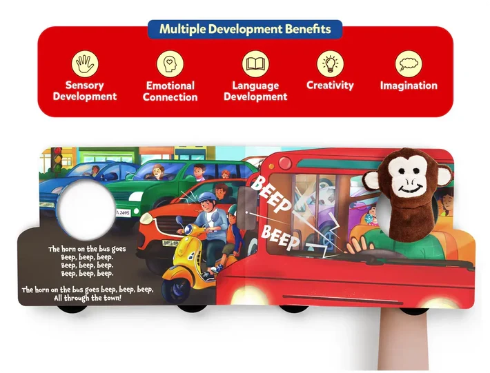  Skillmatics Puppet Book The Wheels on the Bus at Go Littles Stores product image 6. Educational toy with a red bus design, monkey character, and text about development benefits on a white background.