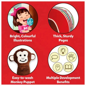  Skillmatics Puppet Book The Wheels on the Bus at Go Littles Stores product image 7. Product packaging with illustrations of a child, pages, a monkey puppet, and icons on a red background.
