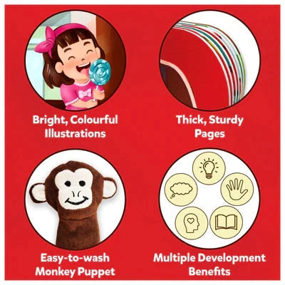  Skillmatics Puppet Book The Wheels on the Bus at Go Littles Stores product image 7. Product packaging with illustrations of a child, pages, a monkey puppet, and icons on a red background.