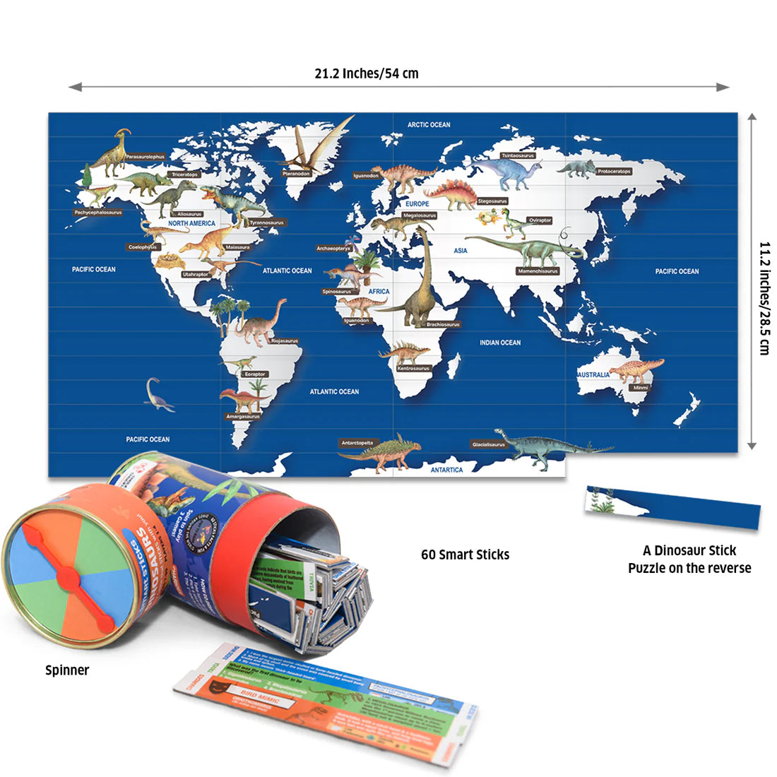 World map with dinosaur illustrations, a cylindrical spinner, and a package of smart sticks on a white background.