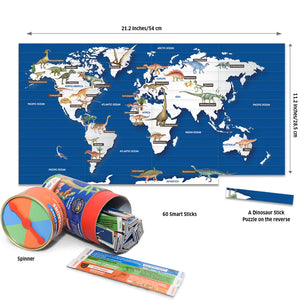 World map with dinosaur illustrations, a cylindrical spinner, and a package of smart sticks on a white background.