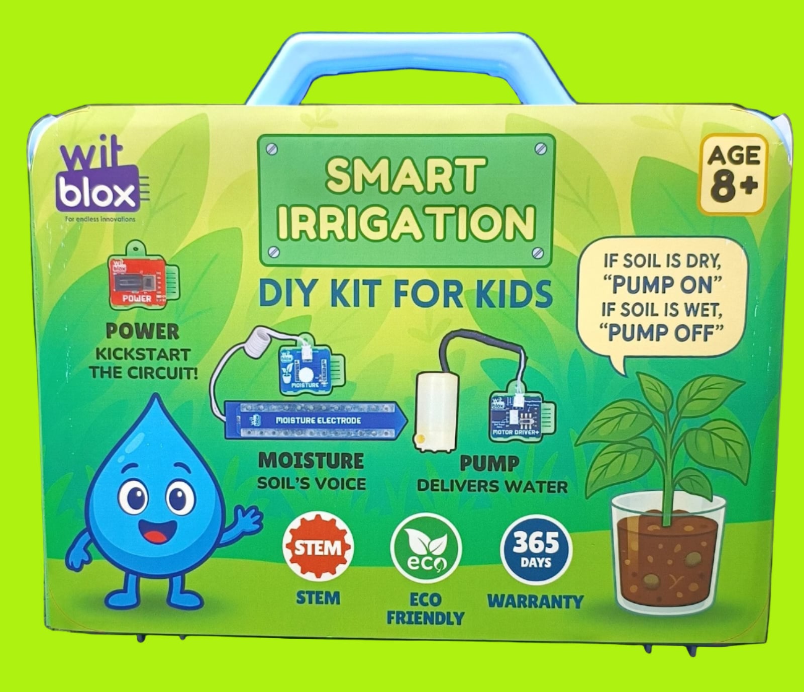 Smart irrigation DIY kit for kids with colorful packaging and text on a dark background