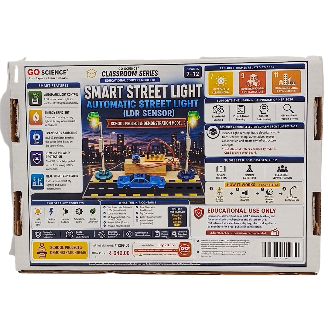 The back of the retail packaging box for the GO Science Classroom Series Smart Street Light educational model kit, featuring product specifications, features, and an illustration of the model setup.