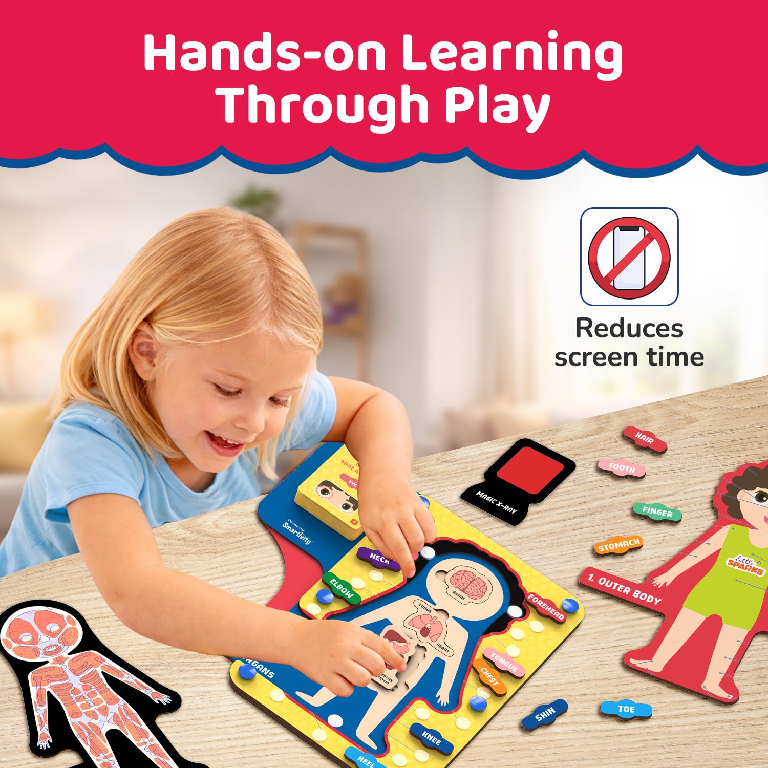 Child playing with a educational puzzle on a table, with text about hands-on learning and reduced screen time. Smartivity Human Body Puzzle for Kids available at go science product image 6