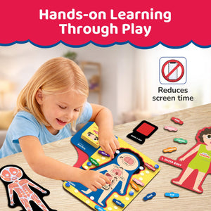 Child playing with a educational puzzle on a table, with text about hands-on learning and reduced screen time. Smartivity Human Body Puzzle for Kids available at go science product image 6