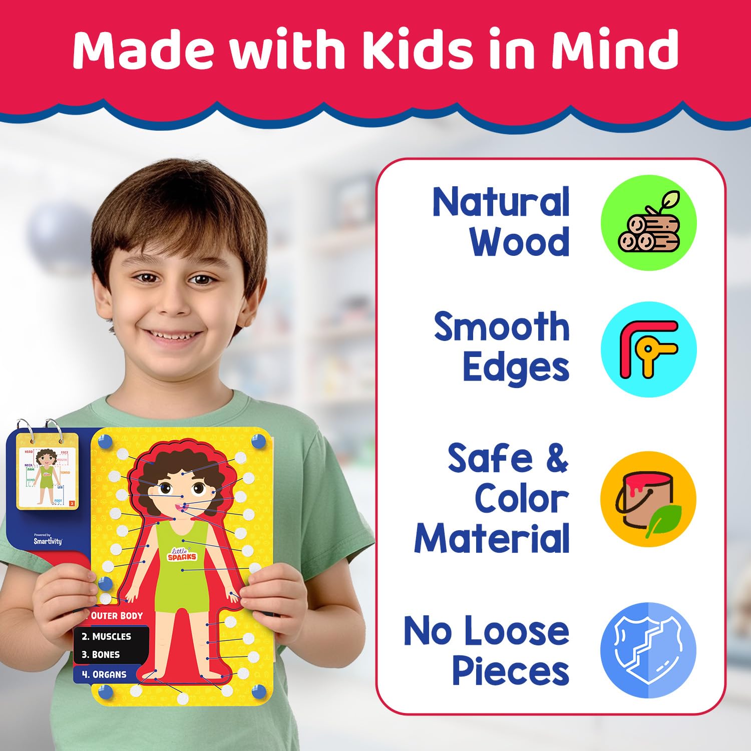Child holding a educational body chart with safety features highlighted on a white background. Smartivity Human Body Puzzle for Kids available at go science product image 7