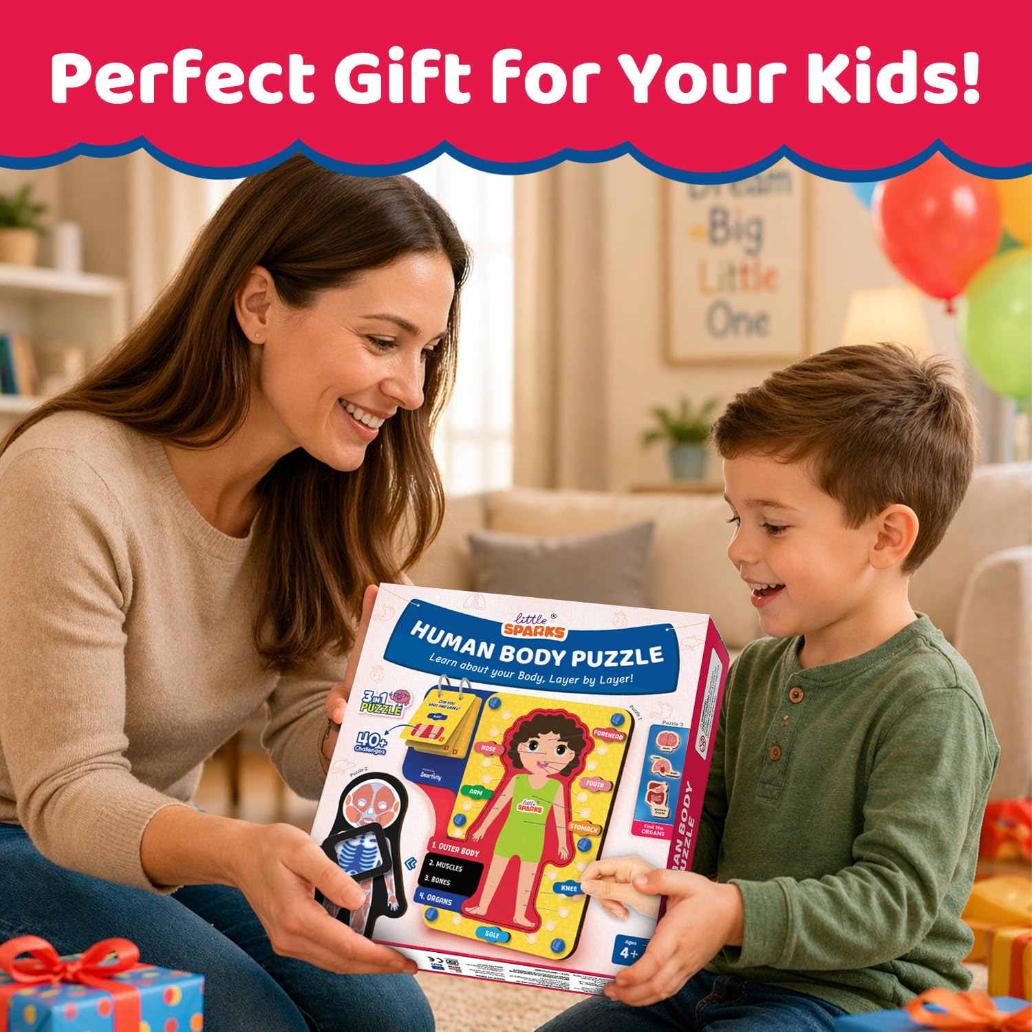 Woman and child holding a 'Human Body Puzzle' box in a living room setting. Smartivity Human Body Puzzle for Kids available at go science product image 8