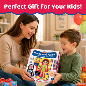Woman and child holding a 'Human Body Puzzle' box in a living room setting. Smartivity Human Body Puzzle for Kids available at go science product image 8