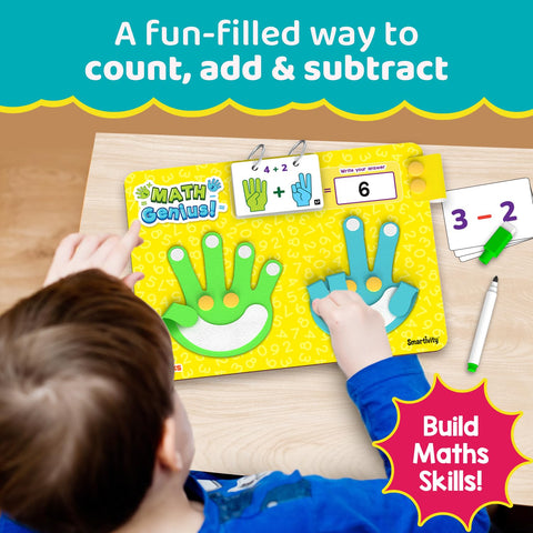 Child using a Math Genius educational tool on a wooden table with text promoting counting, adding, and subtracting skills. Smartivity Math Genius Educational Toy for Kids 3+ Years product image 2 go science