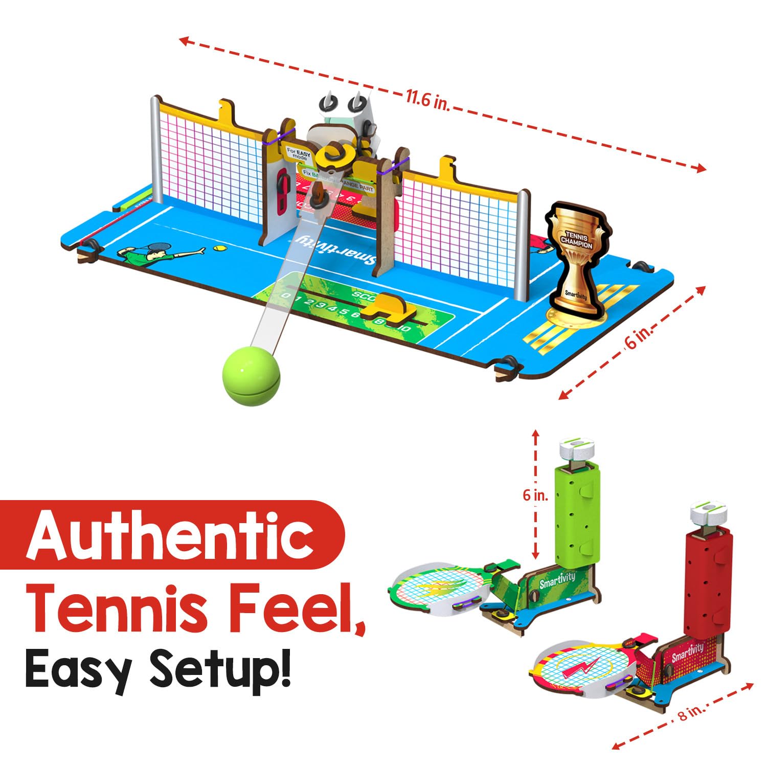 Toy tennis court set with net, ball, and trophy on a white background. Smartivity Mini Tennis at Go Science product image 2