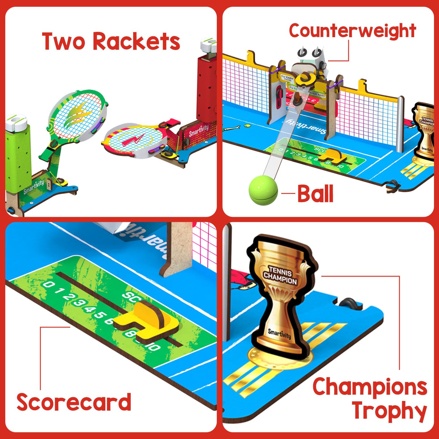 Collage of a mini tennis court set with rackets, ball, scorecard, and trophy. Smartivity Mini Tennis at Go Science product image 3