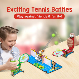 Children playing with a toy tennis set on a table, with text 'Exciting Tennis Battles' and 'Play against friends & family!'. Smartivity Mini Tennis at Go Science product image 