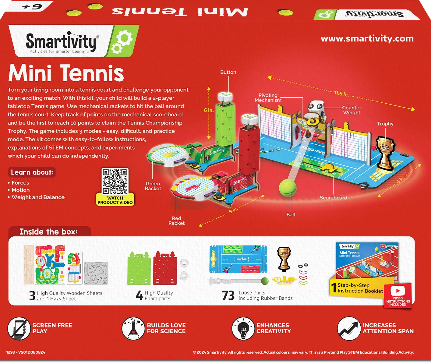 Smartivity Mini Tennis toy set packaging with features and components listed. Smartivity Mini Tennis at Go Science product image 