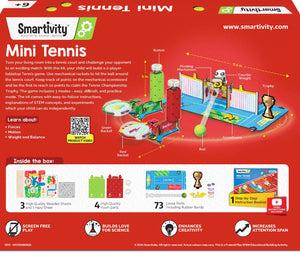 Smartivity Mini Tennis toy set packaging with features and components listed. Smartivity Mini Tennis at Go Science product image 
