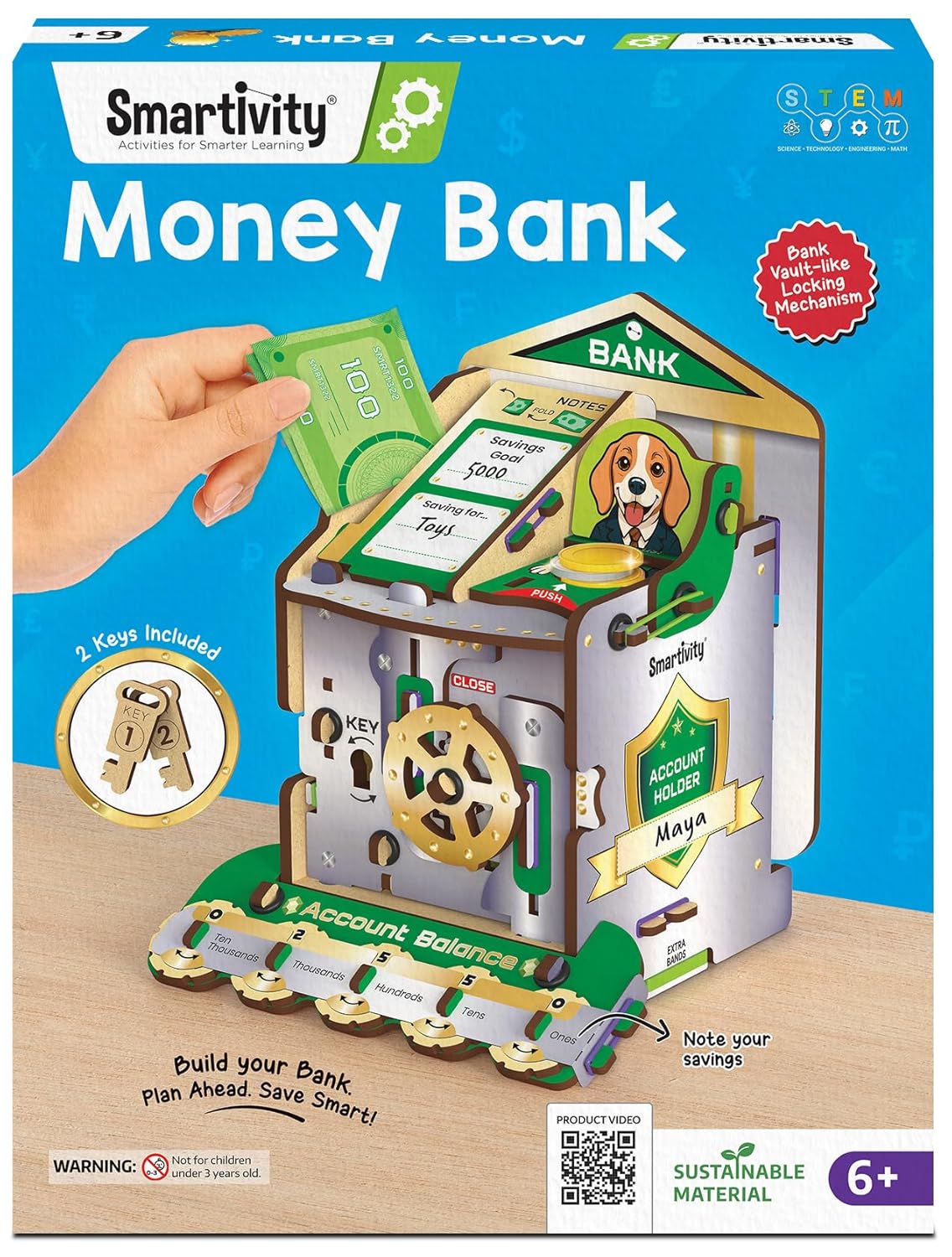 Smartivity Money Bank toy packaging with a hand holding money. Smartivity Money Bank available at Go Science 1
