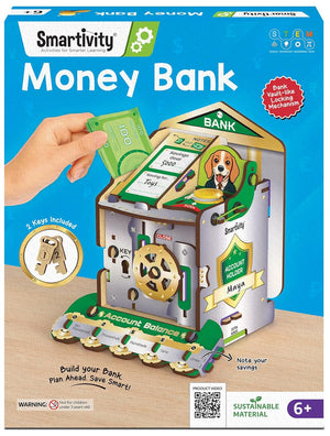 Smartivity Money Bank toy packaging with a hand holding money. Smartivity Money Bank available at Go Science 1