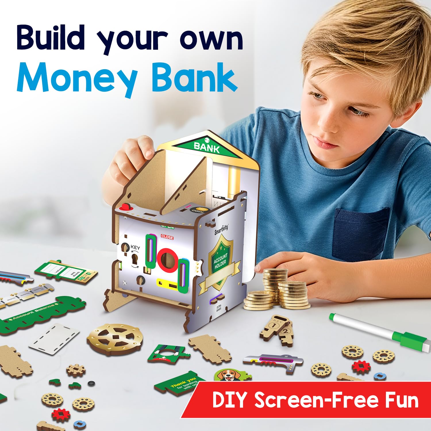 Child building a wooden money bank with components on a table, text 'Build your own Money Bank' and 'DIY Screen-Free Fun'.
