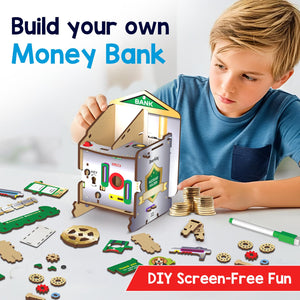Child building a wooden money bank with components on a table, text 'Build your own Money Bank' and 'DIY Screen-Free Fun'.