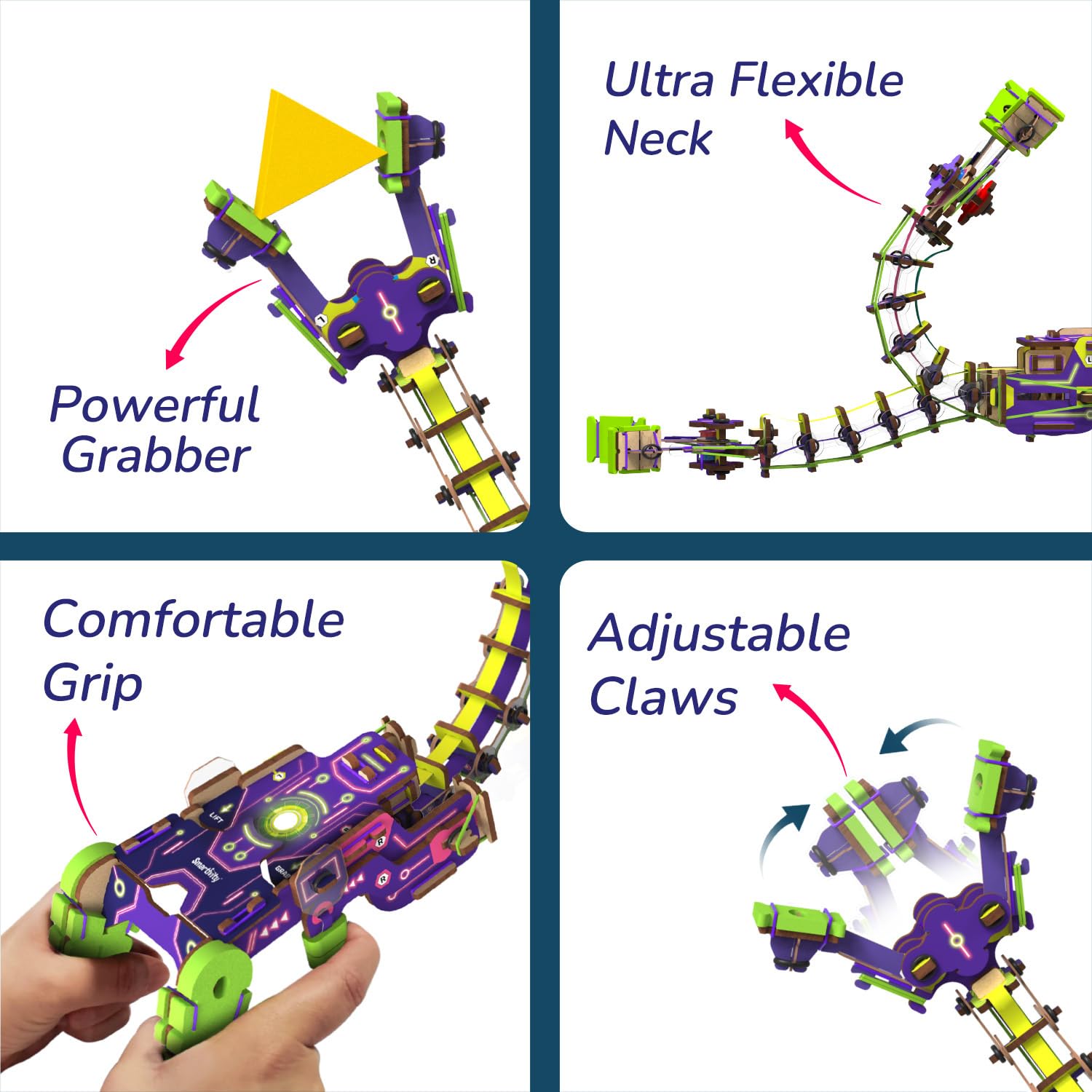 Toy with features highlighted: powerful grabber, ultra flexible neck, comfortable grip, and adjustable claws. Smartivity Robotic Arm at Go Science product image 3