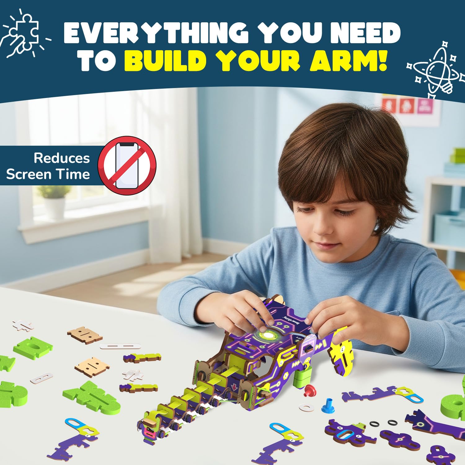 Child building a toy arm set with educational text about reducing screen time. Smartivity Robotic Arm at Go Science product image 4