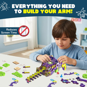 Child building a toy arm set with educational text about reducing screen time. Smartivity Robotic Arm at Go Science product image 4