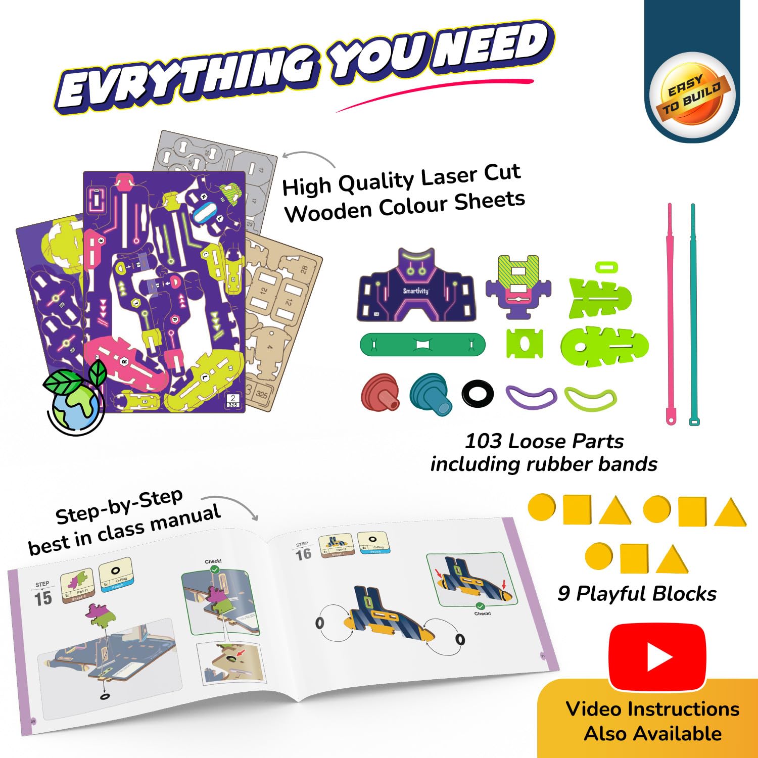 Educational toy set with laser cut wooden sheets, parts, blocks, and a manual on a white background. Smartivity Robotic Arm at Go Science product image 5