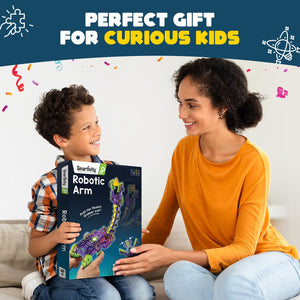 Woman and child holding a 'Robotic Arm' kit with text 'Perfect Gift for Curious Kids' on a white background. Smartivity Robotic Arm at Go Science product image 7