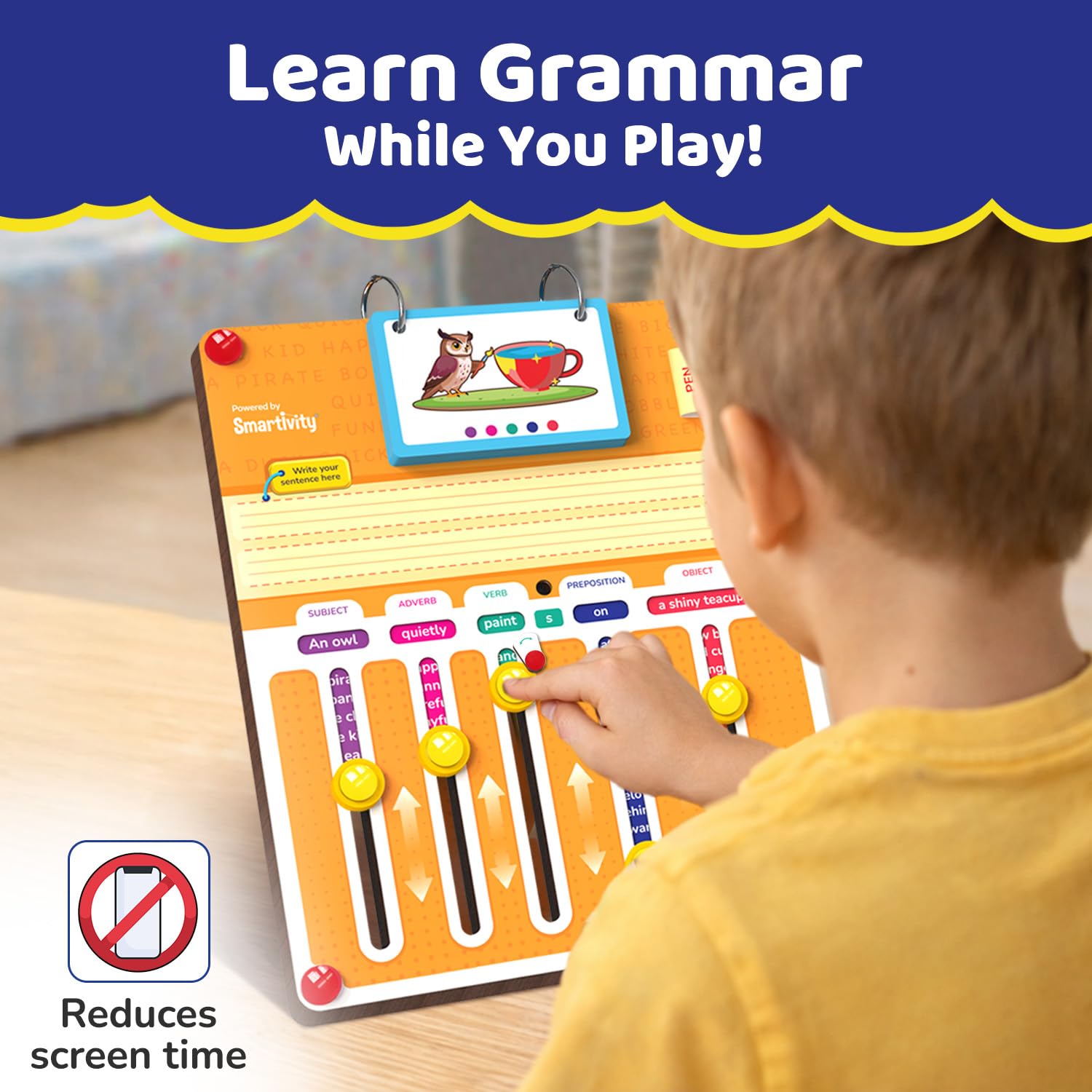 Child playing with a educational toy that teaches grammar, with text 'Learn Grammar While You Play!' displayed. Smartivity Sentence Coder Educational Grammar Game for Kids 6-12 Years at go science image 2