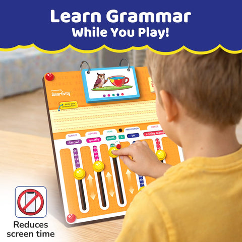 Child playing with a educational toy that teaches grammar, with text 'Learn Grammar While You Play!' displayed. Smartivity Sentence Coder Educational Grammar Game for Kids 6-12 Years at go science image 2