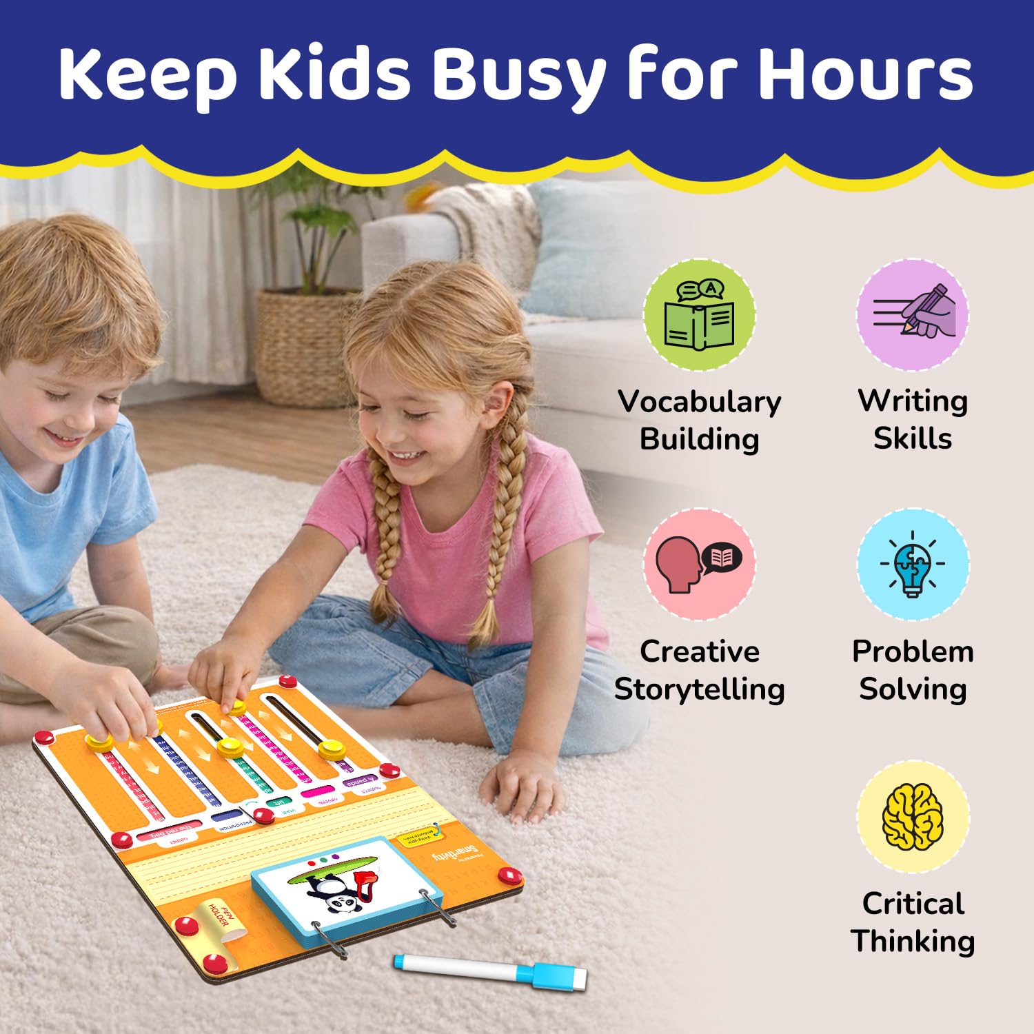 Two children playing with a educational toy on the floor, surrounded by icons and text highlighting skills like vocabulary building and problem solving. Smartivity Sentence Coder Educational Grammar Game for Kids 6-12 Years at go science image 3