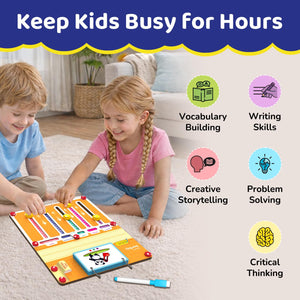 Two children playing with a educational toy on the floor, surrounded by icons and text highlighting skills like vocabulary building and problem solving. Smartivity Sentence Coder Educational Grammar Game for Kids 6-12 Years at go science image 3