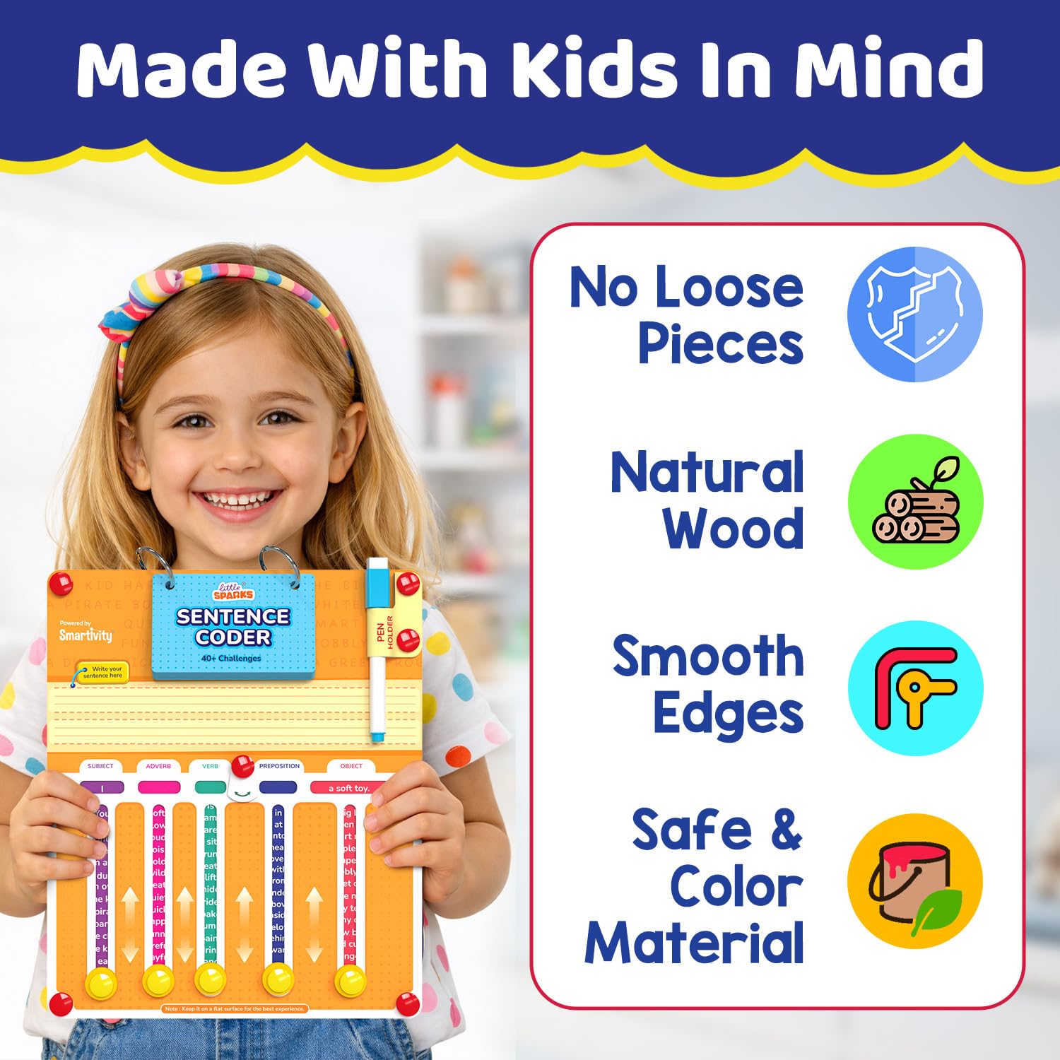 Child holding a educational tool with safety features listed on a whiteboard. Smartivity Sentence Coder Educational Grammar Game for Kids 6-12 Years at go science image 4