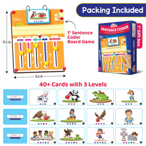 Sentence coder board game with cards and packaging, showing dimensions and features. Smartivity Sentence Coder Educational Grammar Game for Kids 6-12 Years at go science image 5