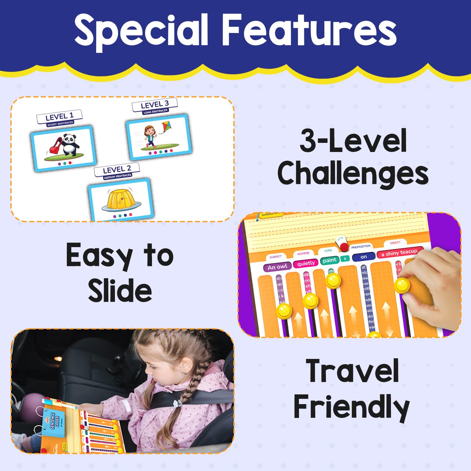 Product features including 3-level challenges, ease of use, and travel friendliness on a blue background. Smartivity Sentence Coder Educational Grammar Game for Kids 6-12 Years at go science image 7