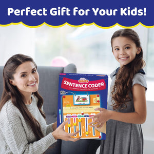 Woman and child holding a 'SentenceCoder' educational toy with a blue box. Smartivity Sentence Coder Educational Grammar Game for Kids 6-12 Years at go science image 8