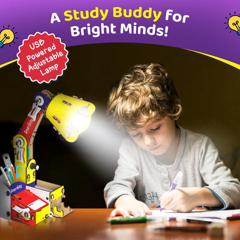 Child using a USB-powered adjustable lamp with colorful design, text 'A Study Buddy for Bright Minds!' on purple background.Smartivity Table Lamp available at Go Science Product image 