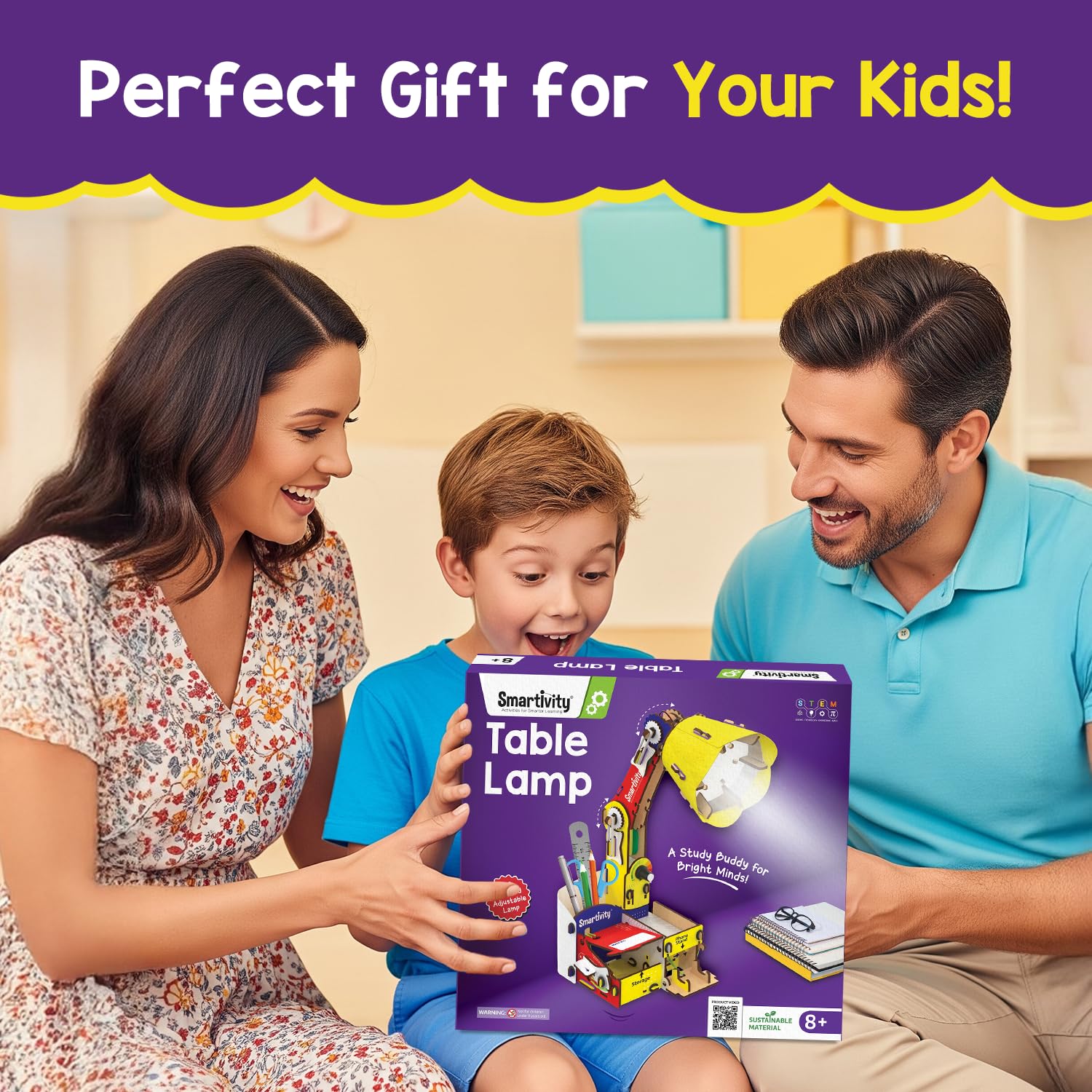Family with a child holding a Smartivity Table Lamp kit packaging, with a purple banner above them. Smartivity Table Lamp available at Go Science Product image 