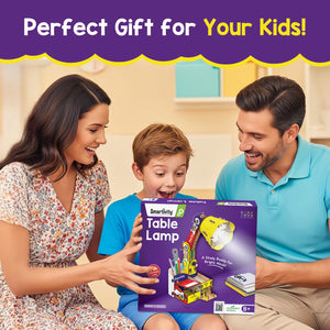 Family with a child holding a Smartivity Table Lamp kit packaging, with a purple banner above them. Smartivity Table Lamp available at Go Science Product image 