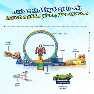 Toy set with hyper loop, plane launcher, car launcher, and glider plane on a blue background. Smartivity Turbo Track Loop 3 in 1- Car, Loop, Glider Plane Launcher available at Go Science product image 3