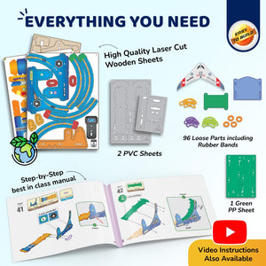 Educational building set with laser cut wooden sheets, PVC sheets, loose parts, and a step-by-step manual on a white background. Smartivity Turbo Track Loop 3 in 1- Car, Loop, Glider Plane Launcher available at Go Science product image 6