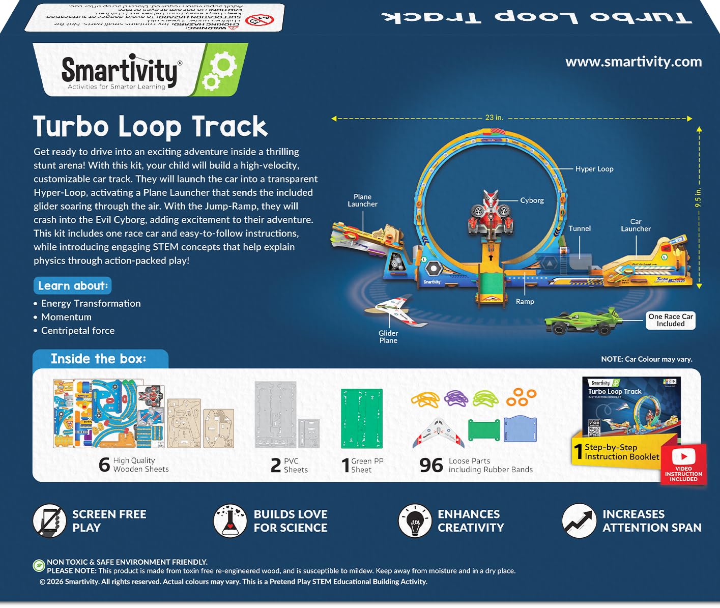 Smartivity Turbo Loop Track product packaging with toy track and car illustration. Smartivity Turbo Track Loop 3 in 1- Car, Loop, Glider Plane Launcher available at Go Science product image 8