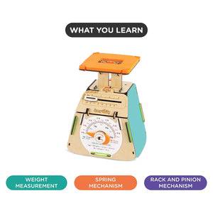 Educational toy scale with features highlighted on a white background. Smartivity Weighing Machine available at Go Science Product Image 3