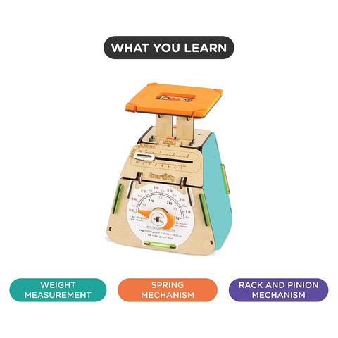 Educational toy scale with features highlighted on a white background. Smartivity Weighing Machine available at Go Science Product Image 3