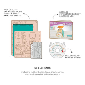 Educational kit components including wooden panels, a plastic sheet, PVC sheets, an instruction booklet, and a scale panel on a white background. Smartivity Weighing Machine available at Go Science Product Image 4