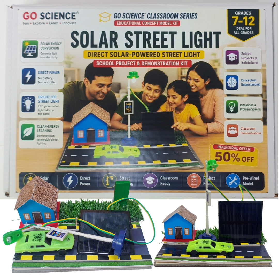 GO Science Solar Street Light Classroom Model Kit set, showing the retail box behind and the assembled model kit components in front, including solar panels, small houses, cars, and a road demonstration base.