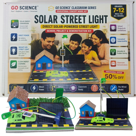 GO Science Solar Street Light Classroom Model Kit set, showing the retail box behind and the assembled model kit components in front, including solar panels, small houses, cars, and a road demonstration base.